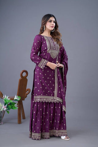 Exclusive Purple Color Chinon Silk With Heavy Embroidery Sequence Work Sharara Suit