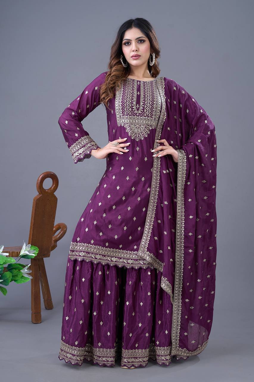 Exclusive Purple Color Chinon Silk With Heavy Embroidery Sequence Work Sharara Suit