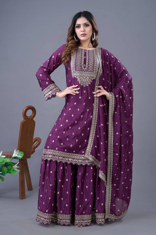 Exclusive Purple Color Chinon Silk With Heavy Embroidery Sequence Work Sharara Suit