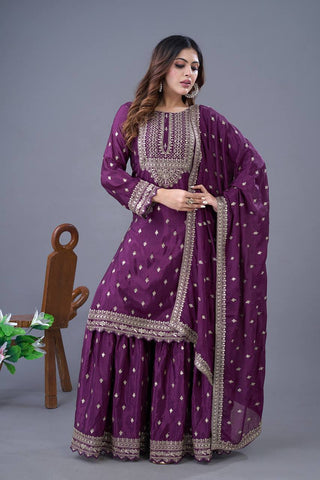 Exclusive Purple Color Chinon Silk With Heavy Embroidery Sequence Work Sharara Suit