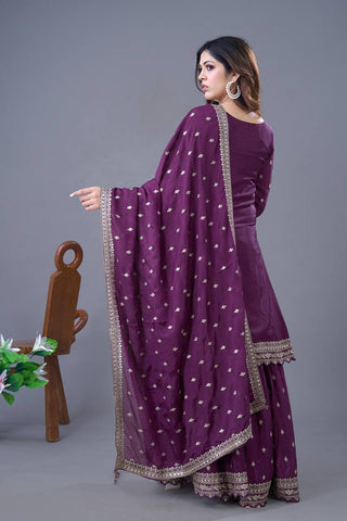 Exclusive Purple Color Chinon Silk With Heavy Embroidery Sequence Work Sharara Suit