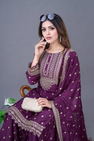 Exclusive Purple Color Chinon Silk With Heavy Embroidery Sequence Work Sharara Suit