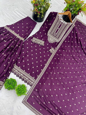 Exclusive Purple Color Chinon Silk With Heavy Embroidery Sequence Work Sharara Suit