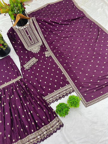Exclusive Purple Color Chinon Silk With Heavy Embroidery Sequence Work Sharara Suit