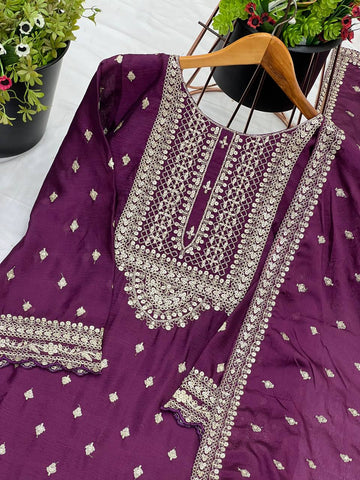 Exclusive Purple Color Chinon Silk With Heavy Embroidery Sequence Work Sharara Suit
