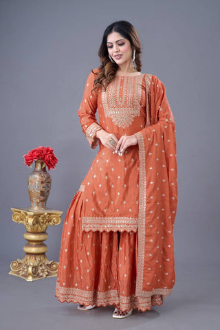 Exclusive Orange Color Chinon Silk With Heavy Embroidery Sequence Work Sharara Suit