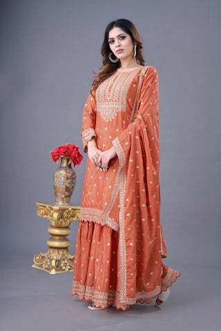 Exclusive Orange Color Chinon Silk With Heavy Embroidery Sequence Work Sharara Suit
