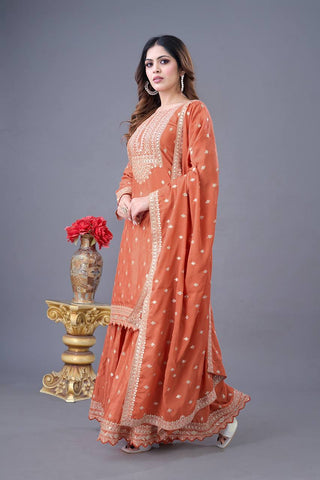 Exclusive Orange Color Chinon Silk With Heavy Embroidery Sequence Work Sharara Suit