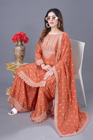 Exclusive Orange Color Chinon Silk With Heavy Embroidery Sequence Work Sharara Suit