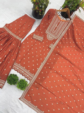 Exclusive Orange Color Chinon Silk With Heavy Embroidery Sequence Work Sharara Suit