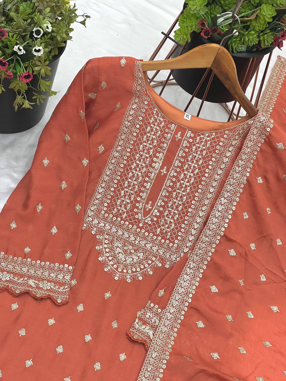 Exclusive Orange Color Chinon Silk With Heavy Embroidery Sequence Work Sharara Suit