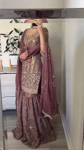 Party Wear Dusty Pink Pure Heavy Simmer Silk With Embroidery Sequence Work Sharara Suit