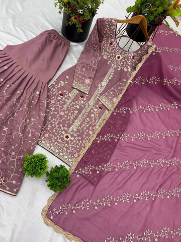 Party Wear Dusty Pink Pure Heavy Simmer Silk With Embroidery Sequence Work Sharara Suit