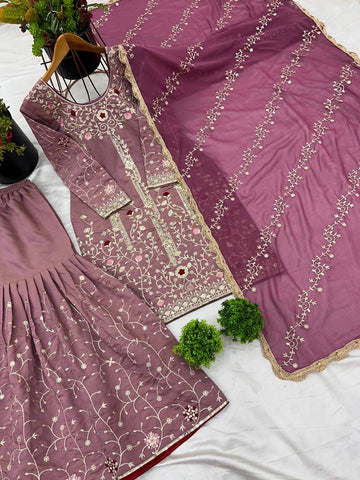 Party Wear Dusty Pink Pure Heavy Simmer Silk With Embroidery Sequence Work Sharara Suit