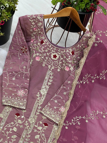 Party Wear Dusty Pink Pure Heavy Simmer Silk With Embroidery Sequence Work Sharara Suit
