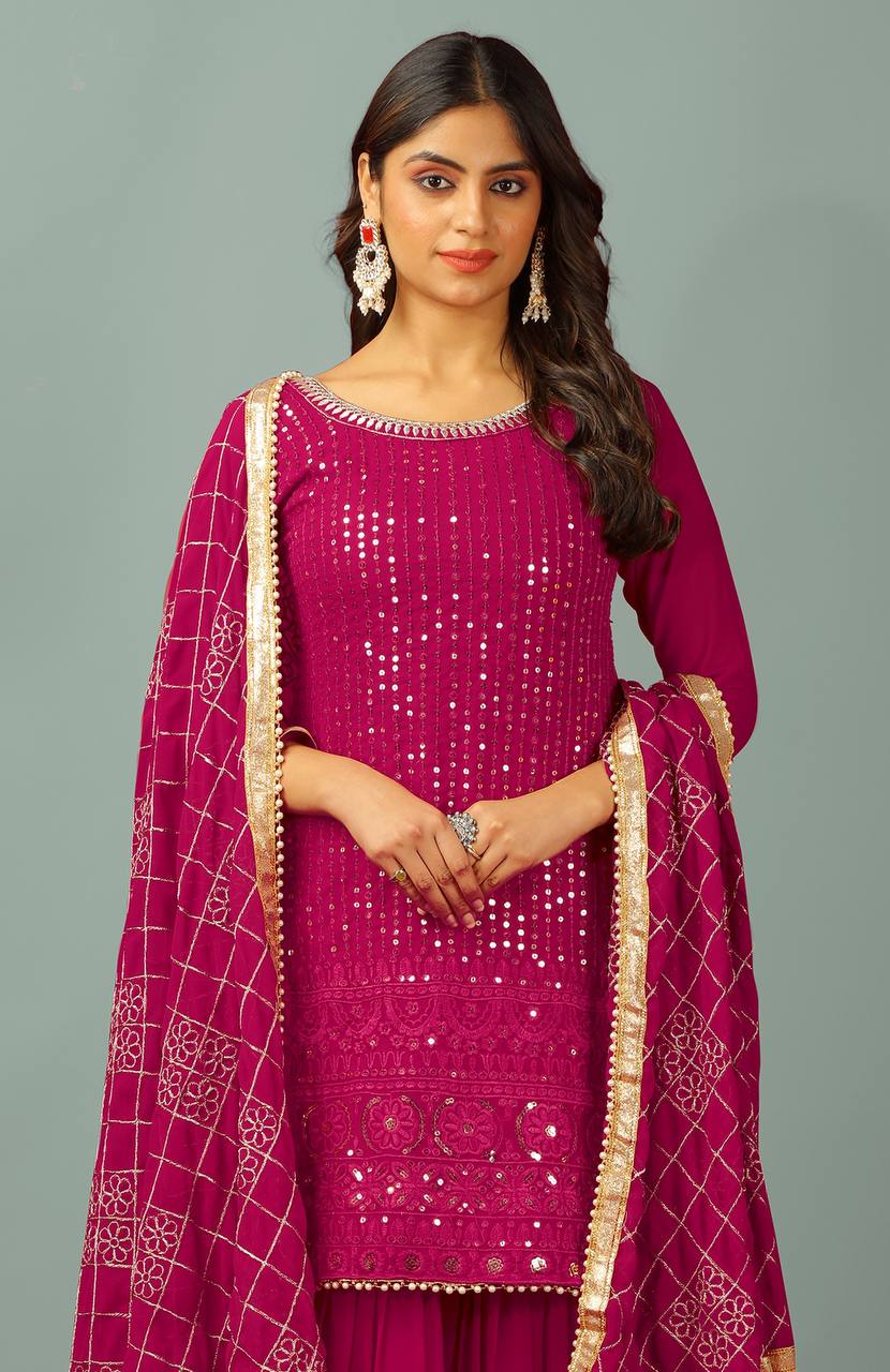 Eyes Catching Pink Color Faux Georgette With Heavy Embroidery And 5mm Sequence Work Sharara Suit