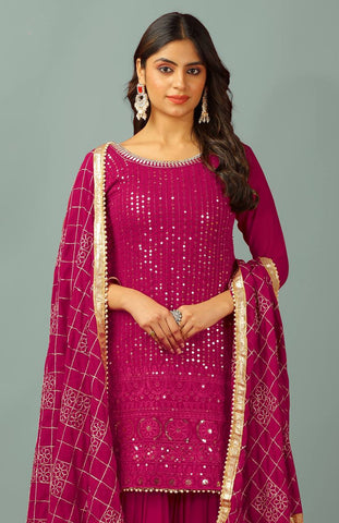 Eyes Catching Pink Color Faux Georgette With Heavy Embroidery And 5mm Sequence Work Sharara Suit