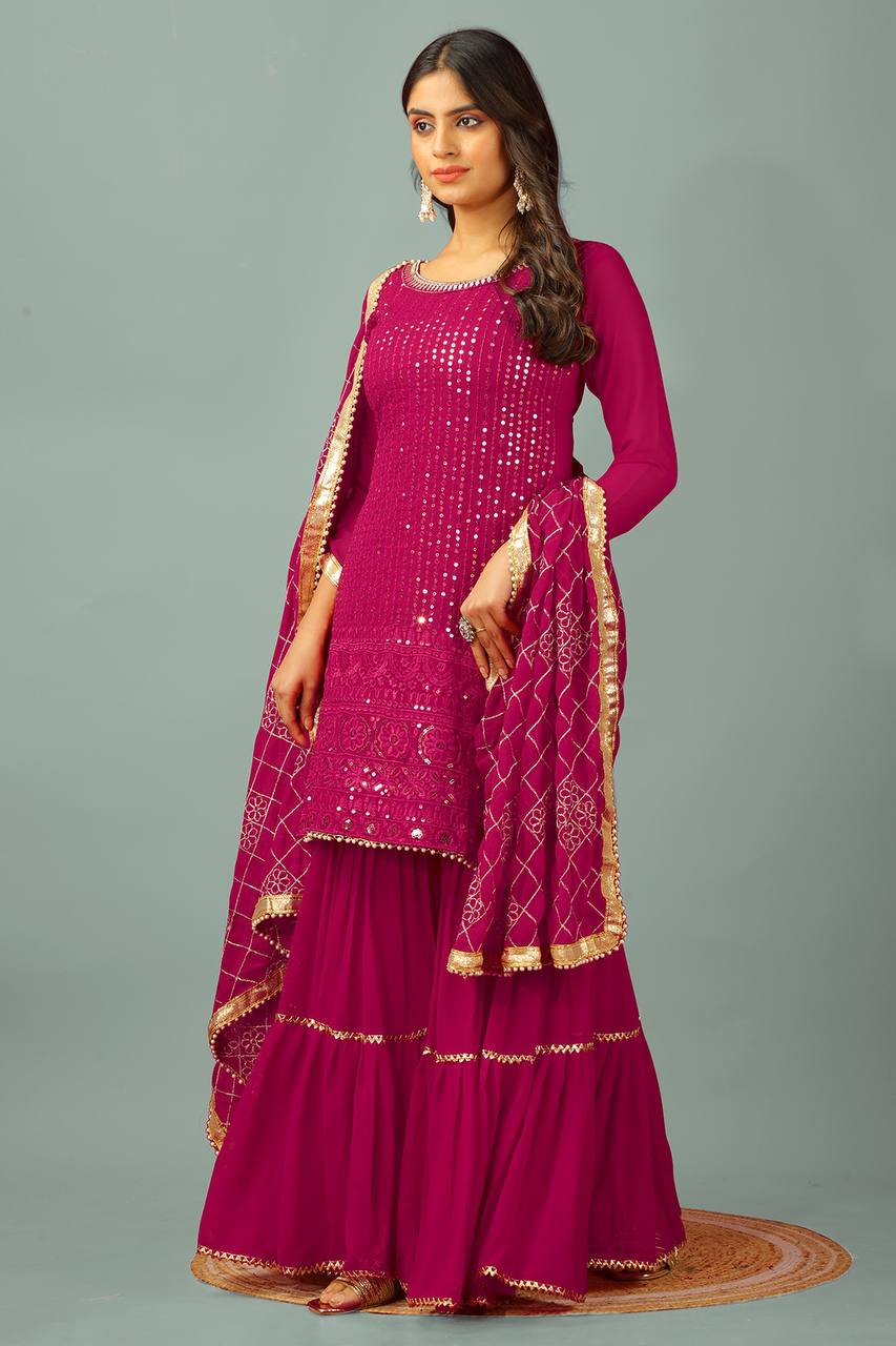 Eyes Catching Pink Color Faux Georgette With Heavy Embroidery And 5mm Sequence Work Sharara Suit
