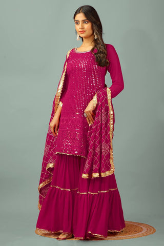 Eyes Catching Pink Color Faux Georgette With Heavy Embroidery And 5mm Sequence Work Sharara Suit