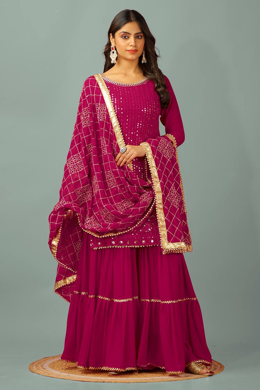 Eyes Catching Pink Color Faux Georgette With Heavy Embroidery And 5mm Sequence Work Sharara Suit