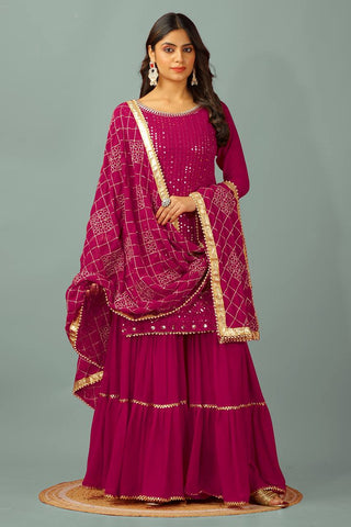 Eyes Catching Pink Color Faux Georgette With Heavy Embroidery And 5mm Sequence Work Sharara Suit