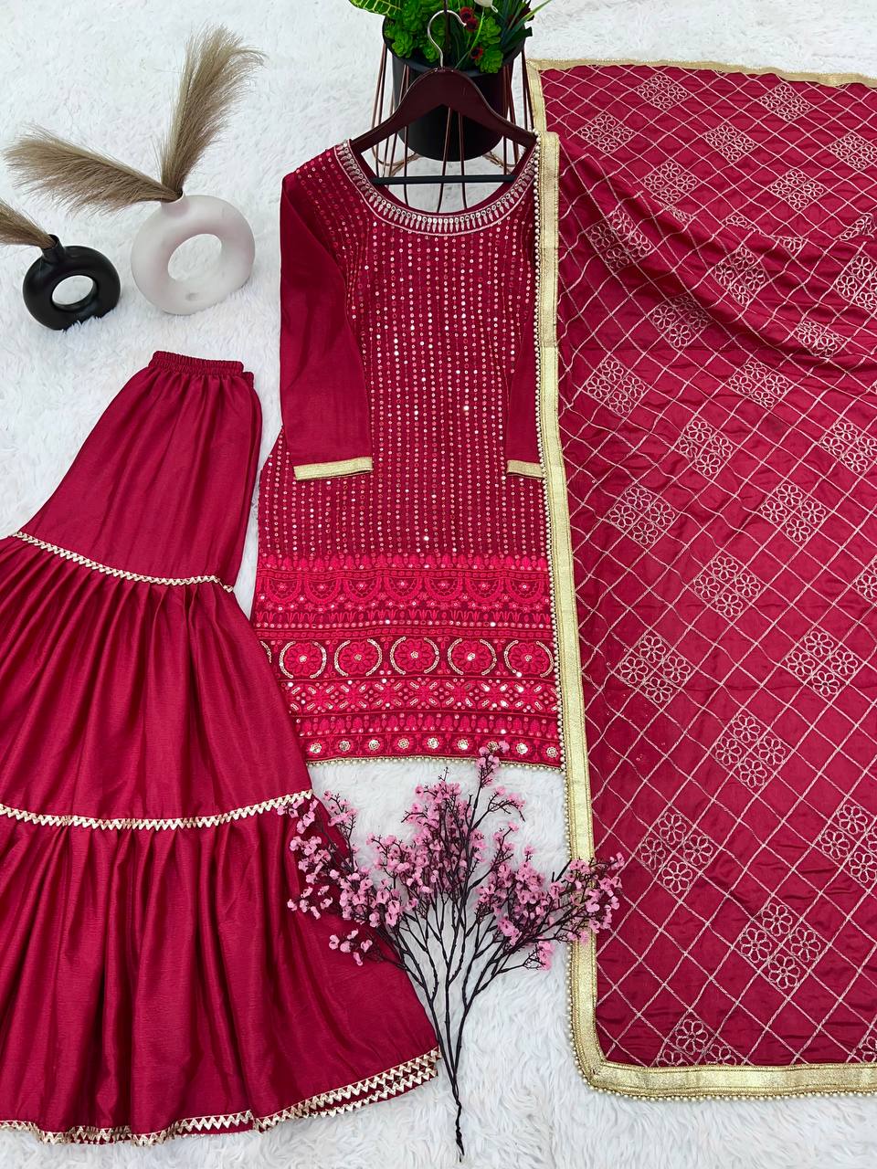 Eyes Catching Pink Color Faux Georgette With Heavy Embroidery And 5mm Sequence Work Sharara Suit