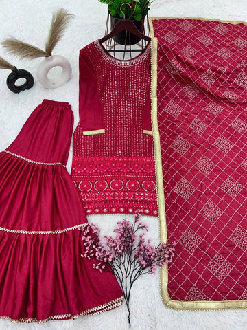 Eyes Catching Pink Color Faux Georgette With Heavy Embroidery And 5mm Sequence Work Sharara Suit