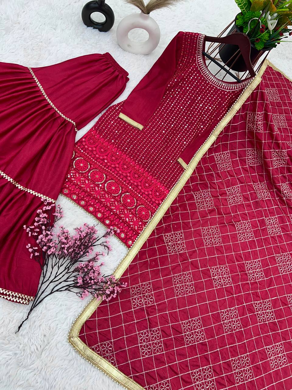 Eyes Catching Pink Color Faux Georgette With Heavy Embroidery And 5mm Sequence Work Sharara Suit