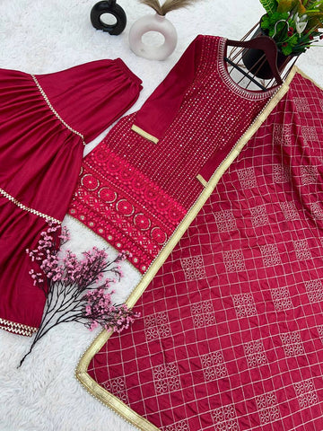 Eyes Catching Pink Color Faux Georgette With Heavy Embroidery And 5mm Sequence Work Sharara Suit