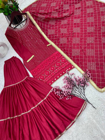 Eyes Catching Pink Color Faux Georgette With Heavy Embroidery And 5mm Sequence Work Sharara Suit