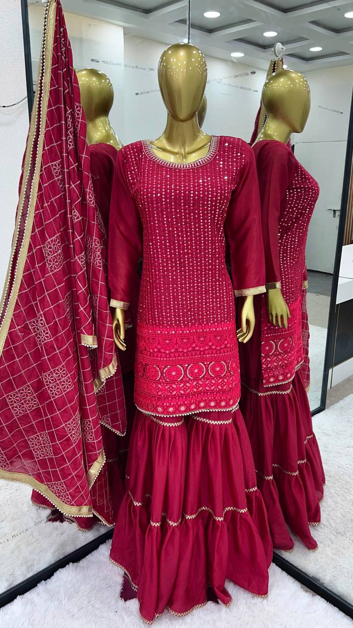 Eyes Catching Pink Color Faux Georgette With Heavy Embroidery And 5mm Sequence Work Sharara Suit
