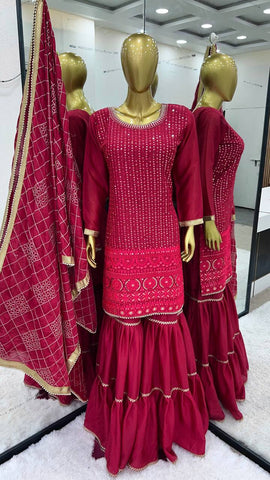 Eyes Catching Pink Color Faux Georgette With Heavy Embroidery And 5mm Sequence Work Sharara Suit