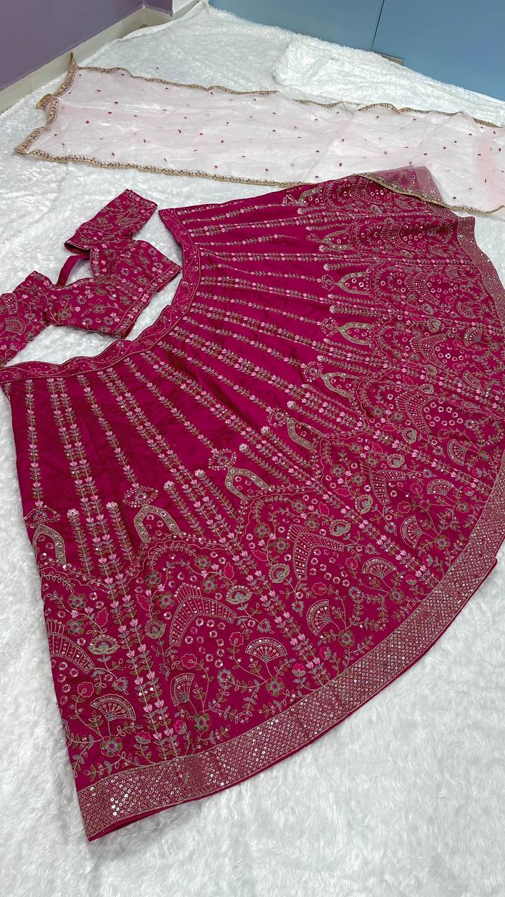 Ceremony Wear Pink Color Heavy Slub Silk With Dori Sequins And Thread Work Designer Bridal Lehenga Choli