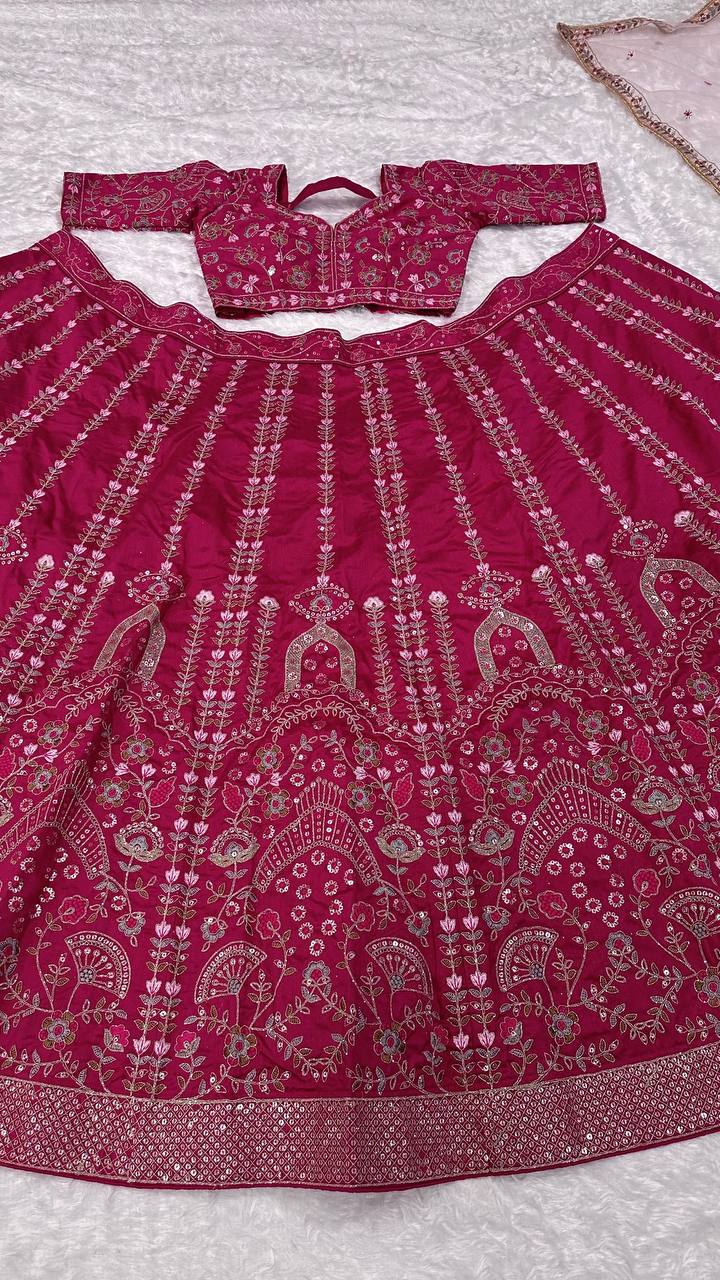 Ceremony Wear Pink Color Heavy Slub Silk With Dori Sequins And Thread Work Designer Bridal Lehenga Choli