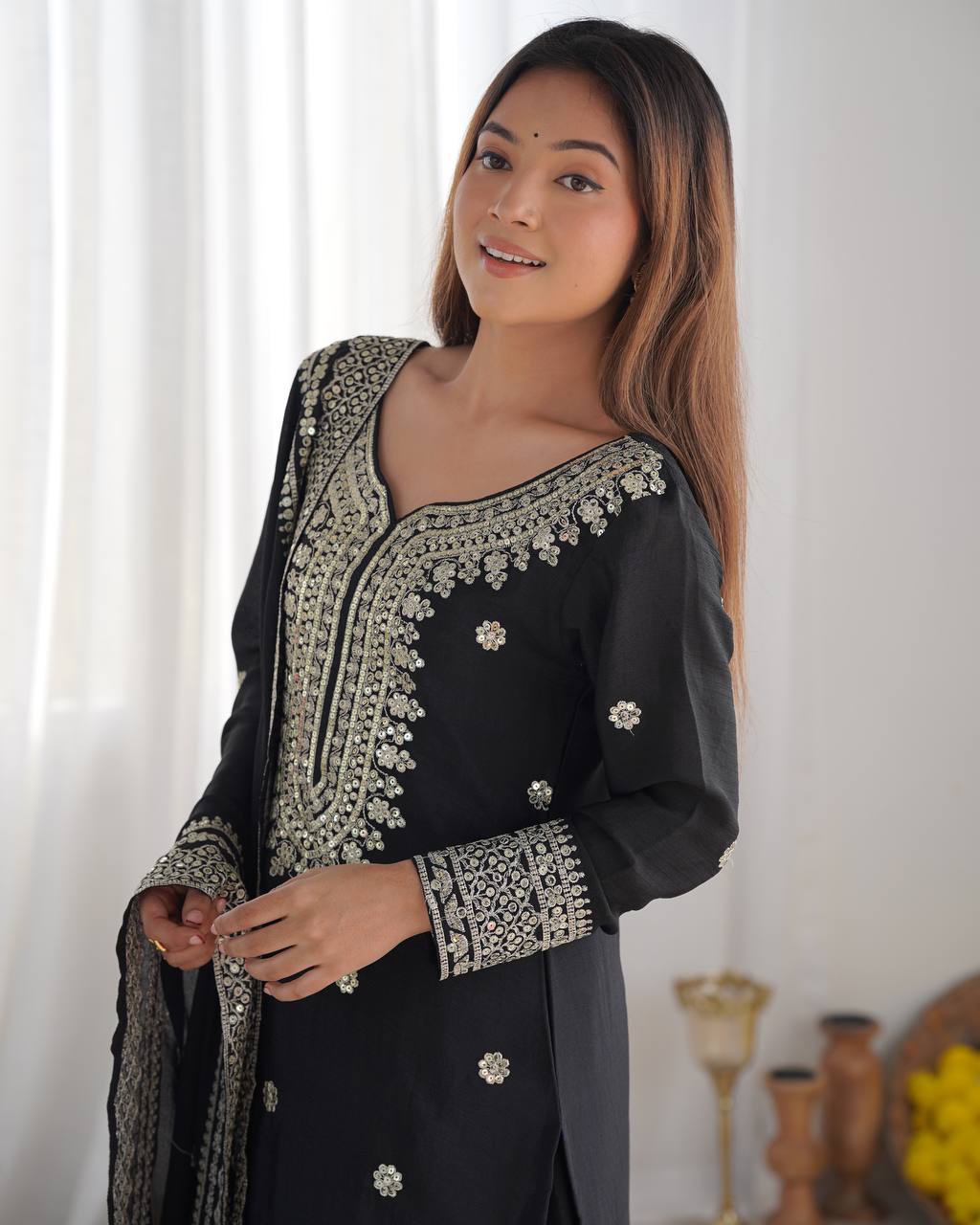 Function Wear Black Color Pure Heavy Chinon Silk With Embroidery And 5mm Sequence Work Sharara Suit