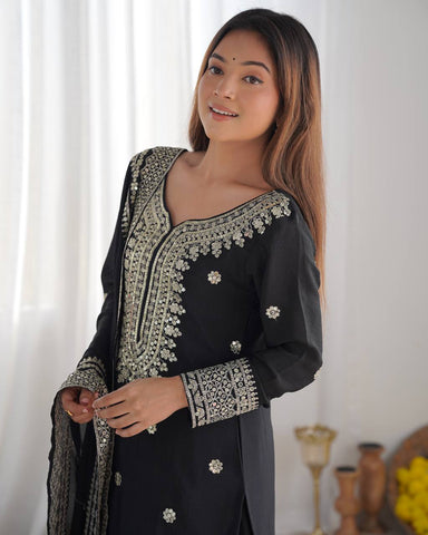 Function Wear Black Color Pure Heavy Chinon Silk With Embroidery And 5mm Sequence Work Sharara Suit