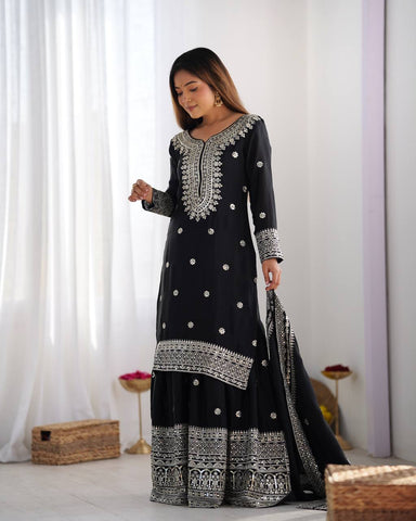 Function Wear Black Color Pure Heavy Chinon Silk With Embroidery And 5mm Sequence Work Sharara Suit