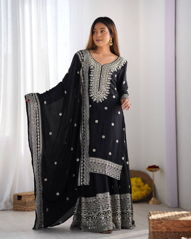Function Wear Black Color Pure Heavy Chinon Silk With Embroidery And 5mm Sequence Work Sharara Suit