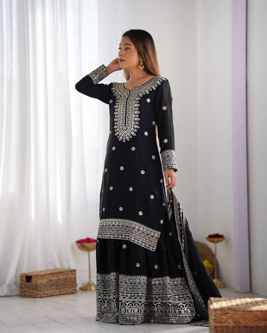Function Wear Black Color Pure Heavy Chinon Silk With Embroidery And 5mm Sequence Work Sharara Suit