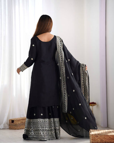 Function Wear Black Color Pure Heavy Chinon Silk With Embroidery And 5mm Sequence Work Sharara Suit