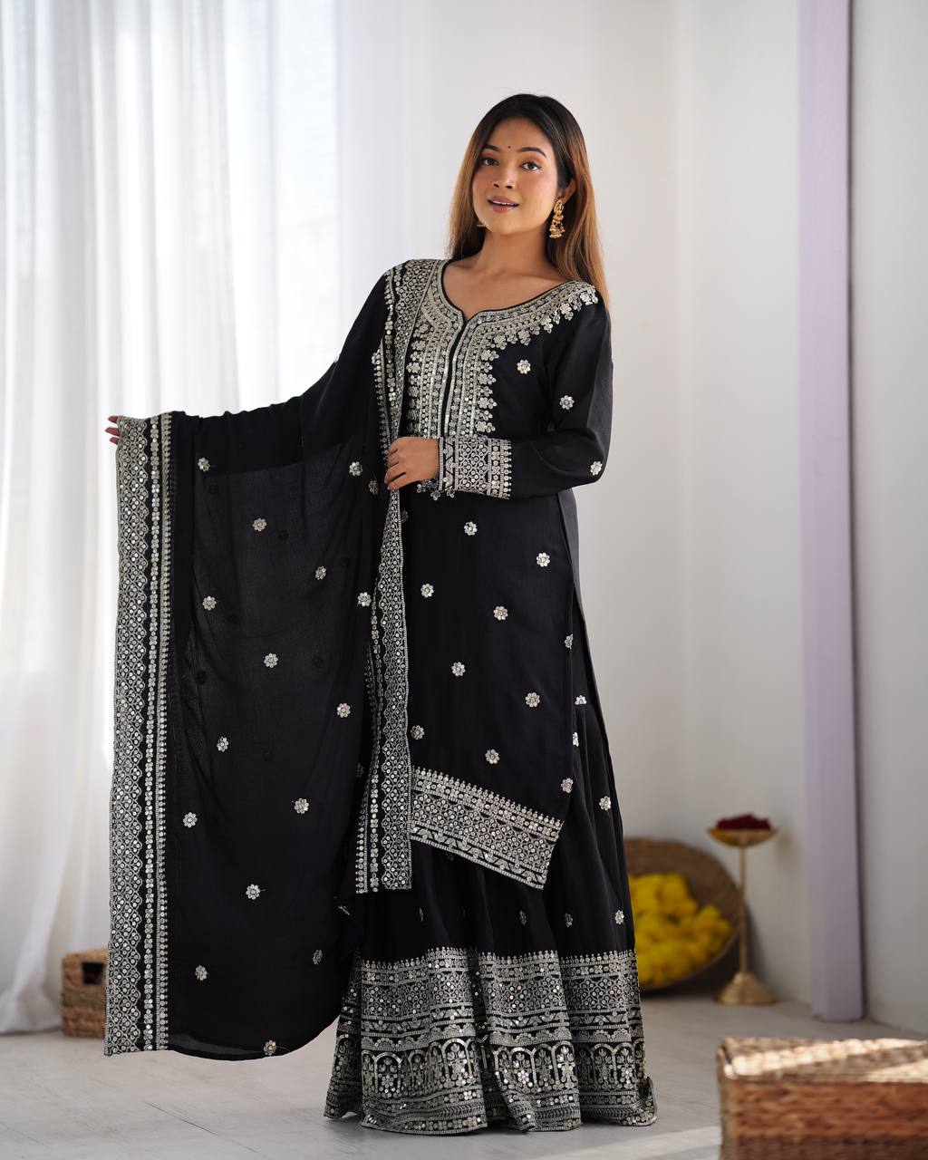 Function Wear Black Color Pure Heavy Chinon Silk With Embroidery And 5mm Sequence Work Sharara Suit