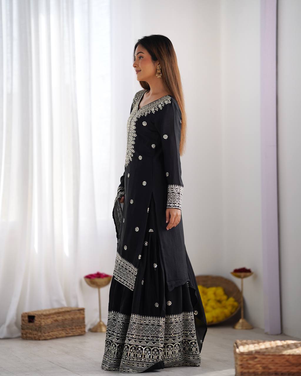 Function Wear Black Color Pure Heavy Chinon Silk With Embroidery And 5mm Sequence Work Sharara Suit