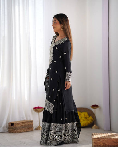 Function Wear Black Color Pure Heavy Chinon Silk With Embroidery And 5mm Sequence Work Sharara Suit