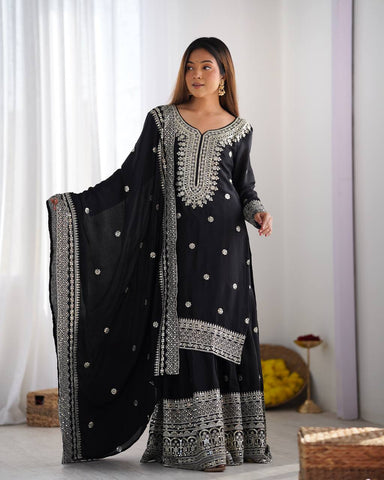 Function Wear Black Color Pure Heavy Chinon Silk With Embroidery And 5mm Sequence Work Sharara Suit
