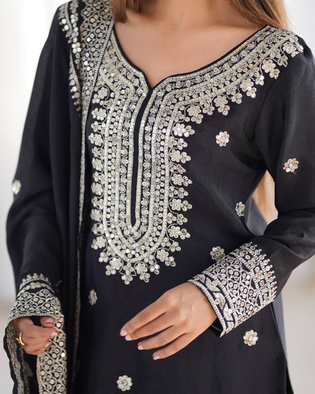 Function Wear Black Color Pure Heavy Chinon Silk With Embroidery And 5mm Sequence Work Sharara Suit
