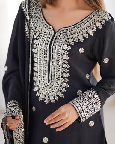Function Wear Black Color Pure Heavy Chinon Silk With Embroidery And 5mm Sequence Work Sharara Suit