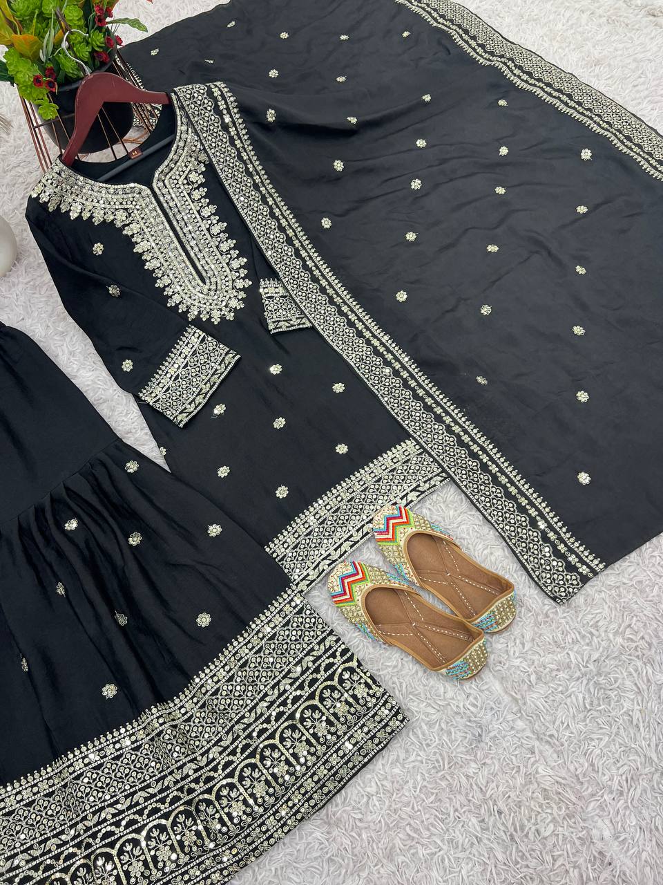 Function Wear Black Color Pure Heavy Chinon Silk With Embroidery And 5mm Sequence Work Sharara Suit