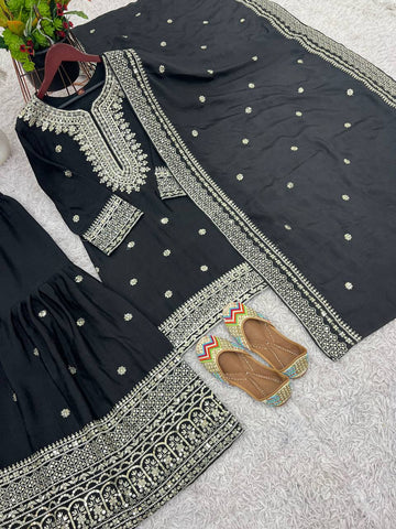 Function Wear Black Color Pure Heavy Chinon Silk With Embroidery And 5mm Sequence Work Sharara Suit