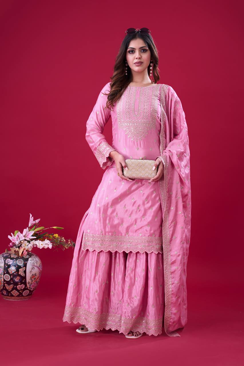 Exclusive Baby Pink Color Chinon Silk With Heavy Embroidery Sequence Work Sharara Suit