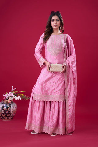 Exclusive Baby Pink Color Chinon Silk With Heavy Embroidery Sequence Work Sharara Suit
